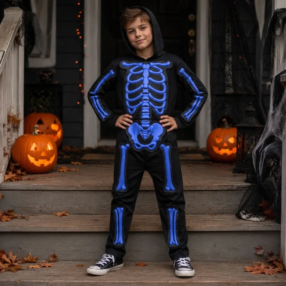 Kids Skeleton Costume 4T Blue 3D Bones Hooded Jumpsuit Halloween